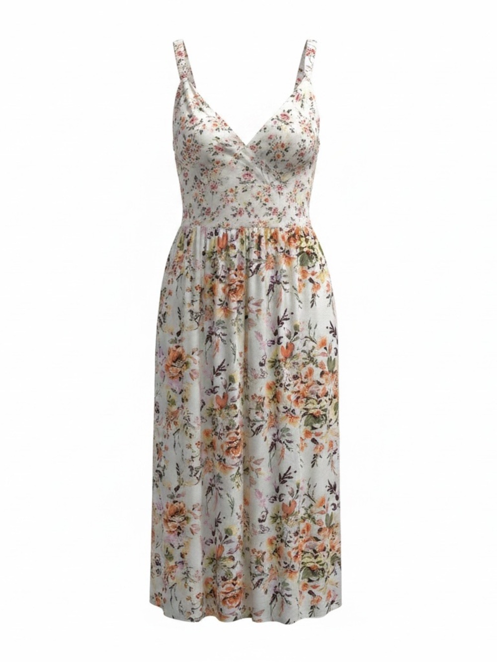 Angie 1X cream floral print dress with elastic straps and smocking on back